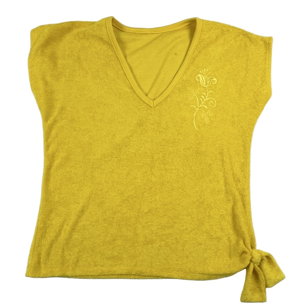 Vintage Terry Cloth V-Neck Top Women Small Yellow Floral Embroidered Side Tie